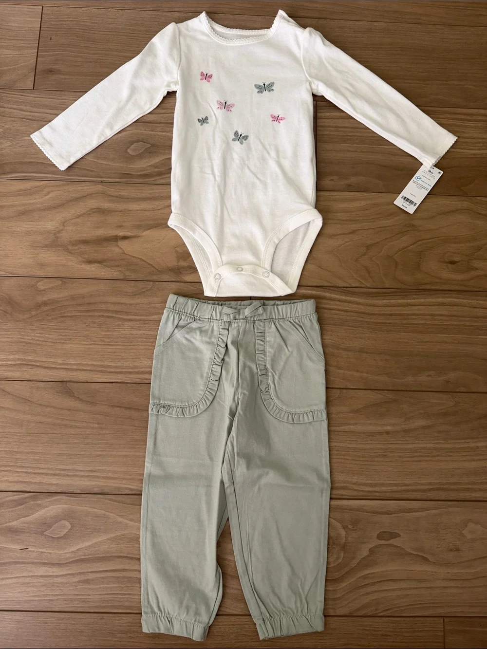 Girls' White Butterfly Bodysuit and Sage Green Jogger Pants Set
